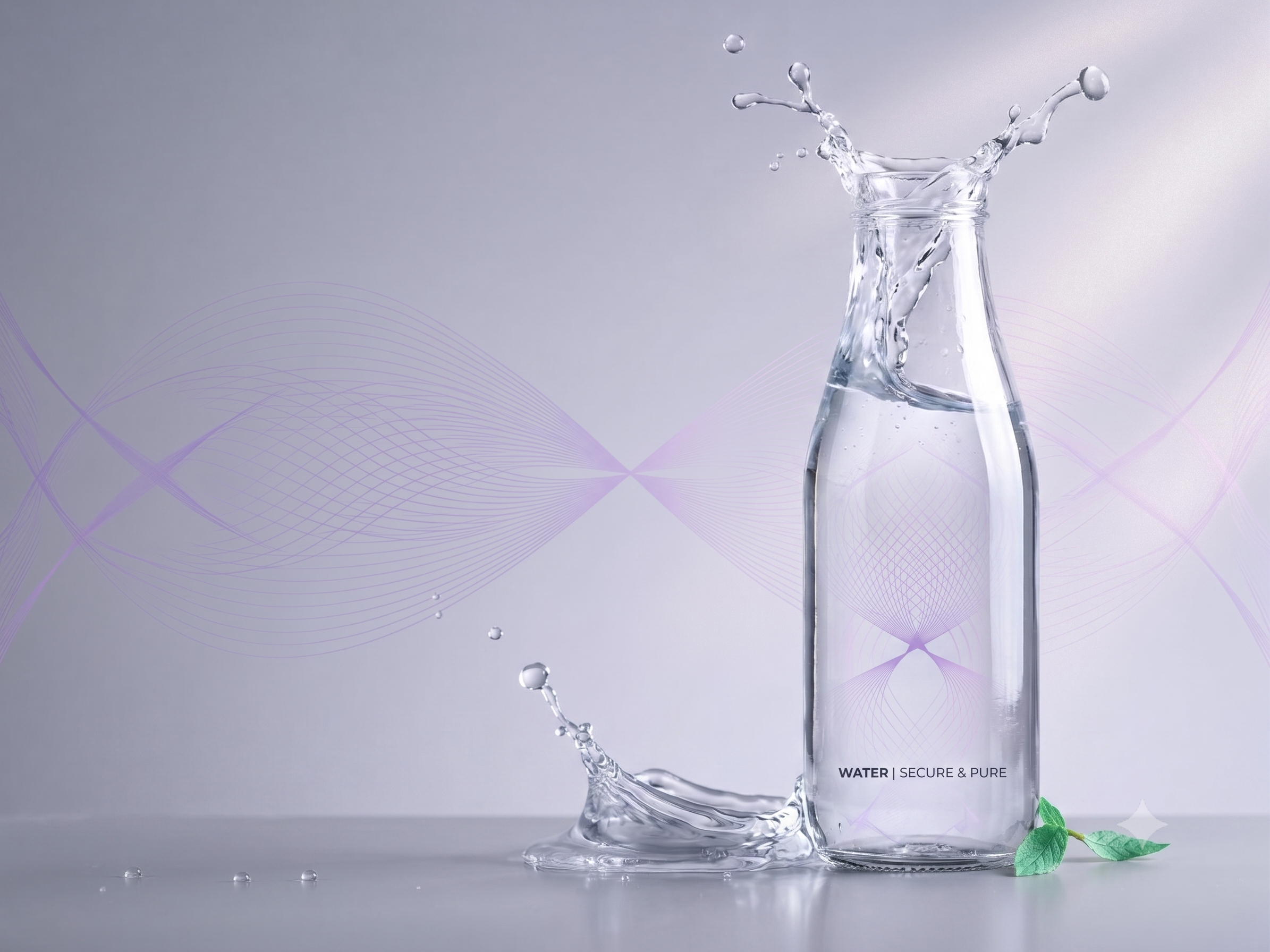 Splash of pure water from a glass bottle — secure and pure